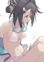 1girl absurdres arknights bare_shoulders bikini black_eyes black_hair breasts cleavage collarbone feet_out_of_frame frilled_bikini frills goggles goggles_around_neck hair_bun hair_intakes hair_ornament hairclip highres jacket la_pluma_(arknights) la_pluma_(summer_flowers)_(arknights) navel open_mouth short_hair simple_background sitting small_breasts solo string_bikini swimsuit tokorinowa unworn_jacket white_background white_bikini x_hair_ornament