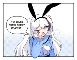 1girl :o animal_ear_hairband animal_ears black_choker black_hairband black_nails black_streaks blue_eyes blue_shirt border bow breasts bright_pupils choker commentary double-parted_bangs english_commentary english_text fake_animal_ears fang fourth_wall hairband hand_on_own_cheek hand_on_own_face hand_up highres long_hair long_sleeves looking_at_viewer merryweather multicolored_hair one_eye_closed open_mouth original puff_of_air rabbit_ear_hairband rabbit_ears ryuuxin sally_sinclair shirt solo speech_bubble streaked_hair talking two_side_up white_background white_border white_bow white_hair white_pupils