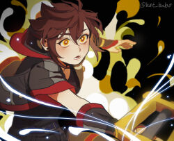 1boy :o black_shirt brown_hair dark earrings fingerless_gloves gloves glowing hat_babo holding holding_weapon hood hooded_jacket jacket jewelry keyblade kingdom_hearts male_focus nintendo open_mouth red_hood shirt short_hair sora_(kingdom_hearts) spiked_hair super_smash_bros. weapon yellow_eyes