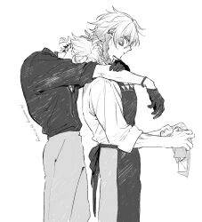 Rule 34 | 2boys, apron, arms around neck, braid, closed mouth, cup, delusion presen, ear piercing, earrings, facial mark, feet out of frame, gloves, greyscale, hair between eyes, highres, holding, holding cup, holding rag, honkai: star rail, honkai (series), jewelry, looking back, male focus, monochrome, multiple boys, mydei (honkai: star rail), pants, phainon (honkai: star rail), piercing, shirt tucked in, short hair, side braid, simple background, single braid, sleeve cuffs, standing, white background, yaoi