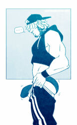 1boy ass bara baseball_cap blue_theme briefs bulge commentary english_commentary facial_hair hat highres hood hood_down hoodie i&#039;ve_never_seen_a_guy_recreate_this_successfully_tbh_(meme) male_focus male_underwear meme monochrome neck_tattoo original pancakepornography pants_lift plug_(piercing) sleeveless sleeveless_hoodie solo tattoo undersized_clothes underwear