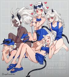 5girls :d ^_^ absurdres bikini black_horns blue_bikini blue_hat blue_one-piece_swimsuit blue_skirt breasts cerberus_(helltaker) closed_eyes closed_mouth dark-skinned_female dark_skin demon_girl demon_horns eyewear_on_head eyewear_on_headwear glasses grey_background grey_eyes hat heart heart-shaped_eyewear heart-shaped_pupils helltaker highres horns judgement_(helltaker) justice_(helltaker) large_breasts long_hair looking_at_viewer lying modeus_(helltaker) multiple_girls noah_(tettsui-sole) on_stomach one-piece_swimsuit open_mouth pandemonica_(helltaker) red_eyes round_eyewear sitting skirt smile sunglasses swimsuit symbol-shaped_pupils white_eyes white_hair