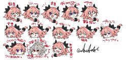 +_+ 2boys :d :q @_@ astolfo_(fate) black_bow blush bow braid chibi crying embarrassed fang fate/apocrypha fate_(series) hair_bow hair_intakes haoro happy long_braid long_hair male_focus multicolored_hair multiple_boys multiple_expressions one_eye_closed open_mouth pink_hair purple_eyes red_eyes sieg_(fate) signature simple_background single_braid skin_fang smile streaked_hair surprised tongue tongue_out white_background