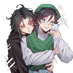 Rule 34 | 2boys, absurdres, ahoge, aqua eyes, aqua hair, artist name, beret, black hair, black hoodie, braid, casual, cellphone, couple, eyeliner, genshin impact, green hair, green headwear, green sweater, hand on another&#039;s waist, hat, head on another&#039;s shoulder, highres, holding, holding phone, hood, hood down, hoodie, hug, hug from behind, leaning forward, long sleeves, makeup, male focus, medium hair, multicolored hair, multiple boys, open mouth, parted lips, phone, red eyeliner, selfie, sevkyi, shirt, sleeves past wrists, smartphone, sparkle, standing, sweater, teeth, twin braids, two-tone hair, upper body, venti (genshin impact), white shirt, xiao (genshin impact), yaoi, yellow eyes