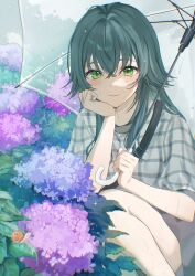 1girl absurdres blush closed_mouth commentary_request feet_out_of_frame flower gakuen_idolmaster green_eyes green_hair grey_shirt hair_between_eyes highres holding holding_umbrella hydrangea idolmaster long_hair looking_at_viewer nagi_(pickles_pipipi) outdoors rain shirt short_sleeves smile solo squatting striped_clothes striped_shirt transparent transparent_umbrella tsukimura_temari umbrella