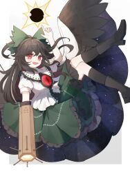 1girl :d arm_cannon black_boots black_cape black_hair black_socks black_sun black_wings boots bow cape center_frills collared_shirt frilled_shirt_collar frilled_skirt frills full_body green_bow green_skirt grey_background hair_bow highres kneehighs long_hair looking_at_viewer open_mouth pointing pointing_up red_eyes reiuji_utsuho shirt skirt smile socks solo starry_sky_print sun third_eye touhou two-sided_cape two-sided_fabric weapon white_cape white_shirt wings yuuneka