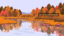 autumn autumn_leaves english_text forest grass highres lake leaf mountainous_horizon nature onlypixeeels original pixel_art reflection reflective_water rock scenery tall_grass tree