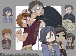 1girl 1other 2boys absurdres adriana_ortega angel_martinez arm_freckles battle blood body_freckles bracelet brandon_(clinical_trial) breasts brown_hair butt_crack cleavage clinical_trial_(game) dark-skinned_female dark_skin eyeshadow freckles frown highres homunculus100 hood hoodie imminent_punch injury jacket jewelry lee_smith long_hair makeup medium_hair missing_tooth multiple_boys orange_hair pale_skin scene_fashion shirt short_hair smile speech_bubble sweat t-shirt very_short_hair