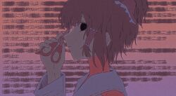 Rule 34 | 1girl, 833 (cookie), black eyes, bow, brown hair, closed mouth, cookie (touhou), detached sleeves, expressionless, frilled bow, frilled hair tubes, frills, gradient background, grey background, hair bow, hair tubes, hakurei reimu, highres, looking at viewer, netsu ijou (utau), orange background, profile, red bow, ribbon-trimmed sleeves, ribbon trim, scissors, short hair, solo, touhou, upper body, zeropower 000