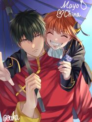 Rule 34 | 1boy, 1girl, ^ ^, ascot, black hair, black jacket, blue background, blue eyes, blush, bun cover, chinese clothes, cigarette, cigarette pack, closed eyes, commentary request, cosplay, costume switch, double bun, gintama, grin, hair between eyes, hair bun, highres, hijikata toushirou, hijikata toushirou (cosplay), holding, holding umbrella, jacket, kagura (gintama), kagura (gintama) (cosplay), long sleeves, looking at another, mouth hold, oil-paper umbrella, orange hair, oukasakata, purple umbrella, red shirt, shinsengumi (gintama), shirt, short hair, smile, sweatdrop, teeth, umbrella, upper body, white ascot