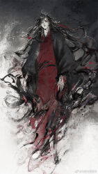 1boy ahoge black_coat black_hair black_smoke blood blood_on_body blood_on_clothes blood_on_face blood_on_hands blood_on_neck blood_splatter chinese_clothes closed_eyes closed_mouth coat energy faux_traditional_media floating_hair full_body hair_down hair_ribbon half_updo hanfu highres ink_wash_painting kcllzas163 long_hair long_sleeves looking_at_viewer male_focus modao_zushi official_alternate_costume official_alternate_hairstyle open_clothes open_coat red_hanfu red_ribbon ribbon robe smoke solo standing third-party_source very_long_hair watermark wei_wuxian wei_wuxian_(yiling_laozu) weibo_watermark wide_sleeves