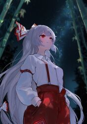 1girl absurdres bamboo bamboo_forest black_sky blue_sky blurry blurry_background bow breasts closed_mouth collared_shirt cowboy_shot empty_eyes forest fujiwara_no_mokou gradient_sky grey_hair hair_between_eyes hair_bow hands_in_pockets highres long_hair long_sleeves looking_up low-tied_long_hair medium_breasts milky_way nature night night_sky ofuda ofuda_on_clothes outdoors pants puffy_long_sleeves puffy_sleeves ramune_ramune red_eyes red_pants shirt sky smile solo standing star_(sky) starry_sky suspenders touhou white_bow white_shirt