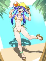 1girl absurdres bandana bikini blue_hair bracelet commentary_request double_bun full_body gold_bikini green_eyes hair_bun hair_ornament highleg highleg_bikini highres humanoid_robot jewelry joints lime_(saber_j) long_hair navel robot robot_joints saber_marionette_j sandals shadow side-tie_bikini_bottom sidelocks smile solo swimsuit tokitsugedori yellow_bandana