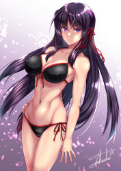 1girl bikini black_bikini blush commission fortune_arterial hair_ribbon highres kuze_kiriha looking_at_viewer navel pixiv_commission purple_eyes purple_hair red_ribbon ribbon side-tie_bikini_bottom solo standing swimsuit takecha toned