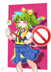 1girl ascot blue_skirt blue_vest blush bow carte closed_eyes closed_mouth collared_shirt commentary_request cookie_(touhou) daiyousei diyusi_(cookie) eyeliner feet_out_of_frame green_hair hair_bow high-visibility_clothing high-visibility_vest high_ponytail highres long_hair makeup no_symbol pink_background pink_eyeliner ponytail road_sign shadow shirt short_sleeves sign signature skirt skirt_set solo standing touhou traffic_baton vest whistle white_background white_shirt yellow_ascot yellow_bow