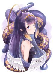 1girl blunt_bangs blush diamond_hairband dress feathers flat_chest fur-trimmed_collar fur_trim gradient_hair halo hololive hololive_english looking_at_viewer mole mole_under_eye multicolored_hair ninomae_ina&#039;nis orange_hair pointy_ears profile purple_eyes purple_hair sebu_illust smile solo strapless strapless_dress tentacle_hair tentacles tube_dress virtual_youtuber white_background white_wings wings