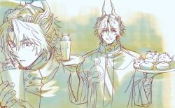 Rule 34 | 1boy, animalization, arknights, chongyue (arknights), coat, commentary request, creature, cup, dragon boy, dragon bubble (arknights), dragon horns, dusk (arknights), earrings, green background, green theme, grin, hands up, high collar, highres, holding, holding cup, holding tray, horns, jewelry, korean commentary, ling (arknights), long hair, long sleeves, looking at viewer, low ponytail, male focus, monochrome, multiple views, nian (arknights), nills, pointy ears, ponytail, smile, tray, upper body, wide sleeves