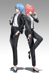 Rule 34 | 2girls, absurdres, ahoge, alternate costume, alternate hairstyle, black jacket, black pants, black shoes, blue eyes, blue hair, collared shirt, commentary request, cuffs, double-parted bangs, dress shirt, formal clothes, full body, gradient background, green eyes, grey background, gun, hair between eyes, handcuffs, handgun, high heels, highres, holding, holding gun, holding handcuffs, holding removed eyewear, holding weapon, hololive, hoshimachi suisei, jacket, lapels, long hair, long sleeves, looking at viewer, multiple girls, notched lapels, pants, parted lips, pink hair, ponytail, sakura miko, shirt, shirt tucked in, shoes, short hair, sidelocks, simple background, suit, suit jacket, sunglasses, tanishi (hetianming11093), unworn eyewear, virtual youtuber, weapon, white shirt
