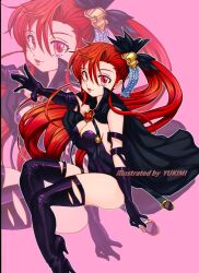1girl black_cloak bondage_outfit boots breasts cloak commentary_request elbow_gloves floating_hair gloves highres leotard long_hair looking_at_viewer medium_breasts miyata_yukimi ponytail rance_(series) rance_x red_hair satella_(rance) thigh_boots very_long_hair zoom_layer
