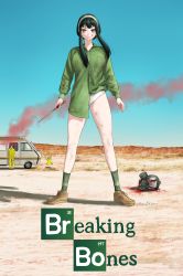 1boy 2girls absurdres anya_(spy_x_family) black_hair blood blood_on_clothes blood_on_face blood_on_hands breaking_bad breasts collared_shirt cosplay dagger desert dismaiden earrings expressionless gas_mask gold_earrings gold_hairband green_shirt hairband highres holding holding_dagger holding_knife holding_weapon jewelry knife large_breasts mask motor_vehicle motorhome multiple_girls no_pants panties parody pink_hair recreational_vehicle red_eyes shirt signature smoke spy_x_family stiletto_(weapon) twilight_(spy_x_family) underwear walter_white walter_white_(cosplay) weapon white_panties yor_briar