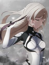 221tsukasa absurdres bodysuit breasts closed_eyes closed_mouth crying firefly_(ar-26710)_(honkai:_star_rail) firefly_(honkai:_star_rail) grey_hair hairband highres honkai:_star_rail honkai_(series) impossible_bodysuit impossible_clothes large_breasts long_hair mecha_pilot_suit skin_tight streaming_tears tears unworn_hairband upper_body