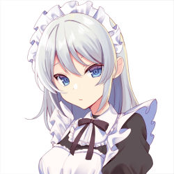 1girl alternate_costume apron bad_id bad_pixiv_id black_dress blue_eyes bow bowtie breasts brown_bow brown_bowtie closed_mouth dress enmaided frills grey_hair hair_between_eyes izayoi_sakuya looking_at_viewer maid maid_headdress medium_breasts picrew puffy_short_sleeves puffy_sleeves short_hair short_sleeves simple_background solo touhou upper_body white_apron white_background