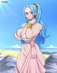1girl blue_hair breasts brown_eyes ear_piercing earrings female_focus huge_breasts jewelry kameseru long_hair nefertari_vivi one_piece piercing ponytail smile solo solo_focus