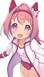 1girl :d animal_ears bow breasts buruma collarbone commentary_request ear_bow flower-shaped_pupils gloves gym_shirt gym_uniform hair_intakes hairband haru_urara_(umamusume) highres horse_ears jacket long_hair long_sleeves looking_at_viewer moko39_takasora open_clothes open_jacket open_mouth pink_hair purple_eyes red_buruma red_gloves red_hairband shirt simple_background small_breasts smile solo symbol-shaped_pupils thigh_gap umamusume very_long_hair white_background white_bow white_jacket white_shirt