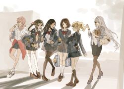 6+girls :o aerith_gainsborough against_wall asina71 bag black_hair black_pantyhose black_skirt blazer blonde_hair blue_bag blue_cardigan blue_eyes blue_jacket blue_skirt book bow bracelet braid braided_ponytail brown_hair brown_pantyhose brown_shoes cardigan character_charm character_doll charm_(object) chocobo closed_eyes clothes_around_waist cloud_strife collared_shirt contemporary crescent_moon dolphin final_fantasy final_fantasy_vii final_fantasy_x final_fantasy_xiii final_fantasy_xv final_fantasy_xvi flower full_body glasses green_eyes grey_hair grey_shoes heterochromia highres holding holding_book ifrit_(final_fantasy) in-franchise_crossover jacket jacket_around_waist jewelry jill_warrick leaning lightning_farron loafers long_hair looking_at_another low-tied_long_hair lunafreya_nox_fleuret moogle moon multiple_girls noctis_lucis_caelum pantyhose phoenix_feather pink_bow pink_hair ponytail red_bow red_eyes red_jacket school_bag school_uniform serah_farron shadow shirt shoes short_hair sidelocks skirt smile sneakers standing star_(symbol) sweater_vest swept_bangs teacher teacher_and_student thighhighs tidus tifa_lockhart very_long_hair watch white_shirt white_thighhighs wristwatch yellow_flower yellow_sweater_vest yuna_(ff10) zack_fair