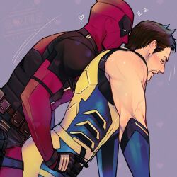 2boys ass bara beard bodysuit brown_eyes brown_hair commentary_request deadpool deadpool_&amp;_wolverine deadpool_(series) dry_humping facial_hair from_side gloves grabbing_from_behind heart highres humping imminent_penetration marvel marvel_cinematic_universe motion_lines multiple_boys muscular muscular_male open_mouth red_bodysuit red_mask sherlock7akane short_hair signature sleeveless speed_lines superhero_costume teeth two-tone_bodysuit veins veiny_arms wolverine_(x-men) x-men yaoi yellow_bodysuit