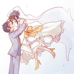 1boy 1girl aged_up alternate_hairstyle bare_shoulders blush bow bridal_veil brown_hair carrying closed_eyes commentary_request couple dress formal_clothes from_side grey_pants grey_suit happy hetero high_heels kyon long_sleeves open_mouth pants pocket ponytail shoes short_hair simple_background suit suzumiya_haruhi suzumiya_haruhi_no_yuuutsu taiki_(6240taiki) veil wedding_dress white_background yellow_bow yellow_shoes