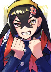 Rule 34 | 1girl, absurdres, anger vein, angry, black hair, blue jacket, carmine (pokemon), clenched hands, clenched teeth, colored inner hair, crossed bangs, hair between eyes, hairband, highres, jacket, long hair, long sleeves, looking at viewer, multicolored hair, nintendo, pokemon, pokemon sv, rasoso (wyzx4524), red hair, solo, teeth, two-tone hair, upper body, yellow eyes, yellow hairband