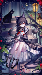 1girl animal_ears artist_name bare_legs black_bow black_cat black_dress black_hair black_shoes bow cat cat_ears cat_tail convenient_leg dress flower frilled_sleeves frills highres holding holding_stuffed_toy nail_polish original petals petticoat red_eyes red_flower red_nails red_rose rose sheya shoes short_hair signature solo stuffed_animal stuffed_cat stuffed_toy tail