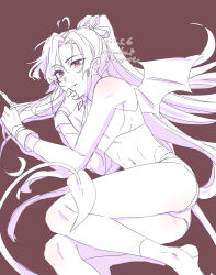 1boy ahoge alternate_costume armband ass bare_shoulders bikini blush closed_mouth crop_top crossdressing dated demon_boy demon_horns demon_tail demon_wings fang fang_out greyscale_with_colored_background hair_between_eyes hair_ribbon hand_in_own_hair high_ponytail highres holding holding_own_hair horns kimako_(kimako_8) long_hair looking_at_viewer lying midriff modao_zushi monochrome navel no_shoes on_side pectorals playing_with_own_hair pointy_ears ponytail red_background red_eyes ribbon shirt short_shorts shorts simple_background sketch sleeveless sleeveless_shirt smile socks solo spot_color stomach swimsuit tail trap twitter_username very_long_hair watermark wei_wuxian wings