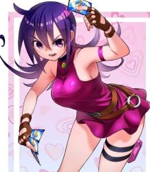 1girl belt breasts card choker deck_of_cards dress duel_masters fingerless_gloves gloves holding holding_card long_hair looking_at_viewer medium_breasts open_mouth playing_card pouch short_dress sideboob skirt sleeveless solo standing tasogare_mimi thigh_pouch yoshikage_(yo4kage)