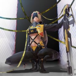absurdres eye_mask gun highres holding holding_weapon mihoyo rifle squatting trigger_(zenless_zone_zero) weapon zenless_zone_zero