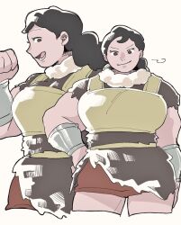 1girl armor black_eyes black_hair bracer breastplate clenched_hand curly_hair fur_collar hand_on_own_hip looking_at_viewer muscular muscular_female ousama_ranking sheena_(ousama_ranking) shorts simple_background smile solo tadanoh_yoshiki thighs white_background