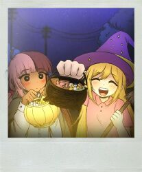 2girls :d ^_^ aged_down ahoge aubrey_(faraway)_(omori) aubrey_(omori) black_eyes blonde_hair blush bright_pupils broom brown_hair bucket buttons candy cape child chocolate chocolate_bar closed_eyes closed_mouth collared_shirt commentary dark-skinned_female dark_skin donuqx double-parted_bangs expressionless food foreshortening grey_cape hair_between_eyes hair_tie halloween_bucket halloween_costume hands_up hat hatching_(texture) highres holding holding_broom holding_bucket hood hood_down hooded_cape long_sleeves low_twintails mole mole_under_mouth multicolored_hair multiple_girls night night_sky no_sclera omocat_(style) omori open_mouth original outdoors pink_hair pink_shirt power_lines purple_hat shirt sky smile split-color_hair straight_hair symbol-only_commentary teeth tongue tree twintails two-tone_hair upper_body upper_teeth_only utility_pole vix_(donuqx) white_pupils white_shirt witch_hat wrapped_candy