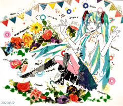 1girl \||/ abstract aqua_eyes aqua_hair aqua_necktie armpit_peek asagi_kino bare_arms bare_shoulders black_socks blonde_hair blonde_streaks blush bunting collared_shirt commentary_request dated dot_nose flower full_body grey_skirt hair_ornament hands_up happy_birthday hatsune_miku highres invisible_chair kneeling leaf long_hair masking_tape_(medium) miniskirt mixed-language_commentary mixed-language_text mixed_media multicolored_hair multilingual_commentary multilingual_text necktie open_mouth plant shirt sidelocks sitting skirt sleeveless sleeveless_shirt smile socks solo streaked_hair thank_you traditional_media twintails unconventional_media very_long_hair vocaloid white_background white_shirt