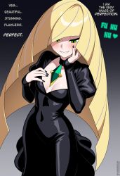 1girl absurdres alternate_costume black_choker black_dress black_nails blonde_hair blush breasts choker cleavage commentary dress english_commentary english_text green_eyes highres long_hair long_sleeves looking_down lusamine_(pokemon) narcissism nico-neko nintendo pokemon pokemon_sm simple_background small_breasts solo very_long_hair