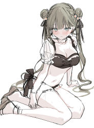 1girl absurdres black_bra black_panties black_ribbon blush bra breasts closed_mouth collarbone commentary_request detached_sleeves double_bun green_eyes green_hair hair_bun hair_ornament hair_ribbon hanabusa_lisa hand_on_ground highres kumo_tabetai large_breasts long_hair looking_at_viewer navel panties ribbon short_sleeves simple_background sitting sketch solo thigh_strap underwear virtual_youtuber vspo! white_background