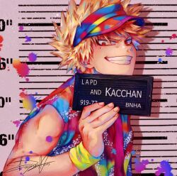 1boy absurdres bakugou_katsuki barbie_mugshot_(meme) blonde_hair boku_no_hero_academia character_name dagnes_art english_text gradient_clothes gradient_shirt grin height_mark highres holding holding_sign looking_at_viewer male_focus meme mugshot prisoner red_eyes shirt short_hair sign smile spiked_hair upper_body