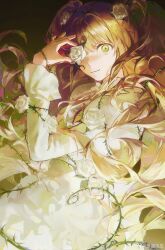 1girl absurdres beidieryou blonde_hair dress flower flower_over_eye green_eyes hair_flower hair_ornament highres holding long_hair long_sleeves looking_at_viewer plant rose rozen_maiden smile solo thorns vines white_dress white_flower white_rose
