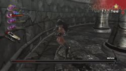 1girl 3d animated animated_gif ass banana breasts butt_crack chainsaw close-up dirty female_focus food food_on_crotch fruit high_heels impossible_clothes long_hair lowres oneechanbara ponytail purple_hair saaya_(oneechanbara) solo
