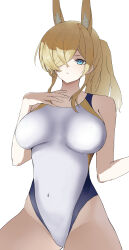 1girl absurdres animal_ear_fluff animal_ears blonde_hair blue_archive blue_eyes blue_halo breasts competition_swimsuit covered_navel dog_ears dog_girl extra_ears gcgr7858 hair_over_one_eye halo hand_on_own_chest highleg highleg_one-piece_swimsuit highres kanna_(blue_archive) kanna_(swimsuit)_(blue_archive) large_breasts long_hair looking_at_viewer notched_ear official_alternate_costume one-piece_swimsuit ponytail simple_background solo swimsuit white_background white_one-piece_swimsuit