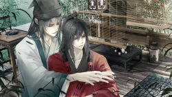 Rule 34 | 2boys, absurdres, architecture, bishounen, black hair, black hanfu, black hat, board game, calligraphy brush, chair, chess piece, chinese clothes, chinese commentary, closed eyes, closed mouth, coat, cup, dao gui yi xian, east asian architecture, go (board game), hair between eyes, half updo, hanfu, hat, hat ribbon, highres, holding, holding chess piece, indoors, jin (headwear), lantern, lattice, leaf, li huowang, long hair, long sleeves, looking at object, male focus, multiple boys, outdoors, paintbrush, plant, playing chess, ponytail, r-jiutian, red coat, red eyes, ribbon, robe, sidelocks, sitting, table, tassel, teacup, teapot, upper body, white coat, white hanfu, wide sleeves, window, window blinds, wooden floor, yaoi, zhouzi jin (headwear), zhuge yuan