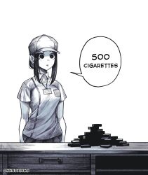 Rule 34 | 1girl, 500 cigarettes (meme), artist name, breast pocket, breasts, commentary, drawer, english commentary, greyscale, hat, highres, id card, lanyard, large breasts, long hair, meme, money, monochrome, no pupils, original, pants, parted lips, pocket, senukin, shirt, short sleeves, sidelocks, simple background, solo, speech bubble, white background