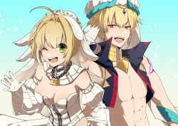 Rule 34 | 1boy, 1girl, abs, absurdres, aeri tomo, ahoge, blonde hair, blue vest, breasts, bridal gauntlets, chain, chain necklace, cleavage, commentary request, cropped vest, detached collar, detached sleeves, earrings, fate/grand order, fate (series), gilgamesh, gilgamesh (caster) (fate), gilgamesh (fate), gloves, green eyes, hair bun, hair intakes, hat, highres, jewelry, leotard, lock, long sleeves, medium breasts, necklace, nero claudius (bride) (fate), nero claudius (bride) (second ascension) (fate), nero claudius (fate), one eye closed, padlock, puffy long sleeves, puffy sleeves, red eyes, shoulder tattoo, single hair bun, sparkle, strapless, strapless leotard, tattoo, vest, white background, white gloves, white hat