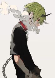 Rule 34 | 1boy, black shirt, brown pants, chain, chain leash, collar, demon boy, demon horns, earrings, green hair, hair over one eye, highres, hoop earrings, horns, jewelry, leash, looking at viewer, male focus, orange eyes, original, pants, profile, red collar, sakusya2honda, shirt, short hair, simple background, smoke, solo, upper body