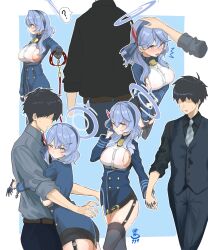 1boy 1girl ? ^^^ absurdres ako_(blue_archive) bell black_gloves black_hair black_skirt blue_archive blue_eyes blue_hair blue_halo blush breasts collar commentary_request disembodied_hand faceless faceless_male frown garter_straps gloves grey_thighhighs hairband half_gloves halo hand_on_another&#039;s_head headpat hetero highres holding holding_collar hug large_breasts medium_hair miniskirt multiple_views neck_bell pencil_skirt revision sensei_(blue_archive) sideboob signature simple_background skirt spoken_question_mark sweatdrop thighhighs tsundere v-shaped_eyebrows vest waistcoat wasawa_(wsw_999) zettai_ryouiki